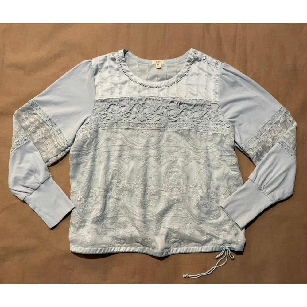 Anthropologie TINY Lace Top XL Baby Blue Long Sleeve Boho Cottagecore Victorian